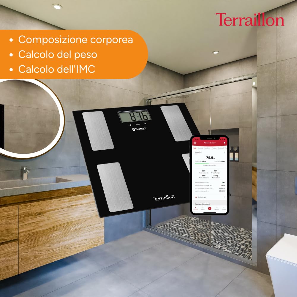 TERRAILLON Bilancia per persona connessa SMART CONNECT - IMC - 8 utenti - Bluetooth Low Energy - Capacità 160 Kg - Nero