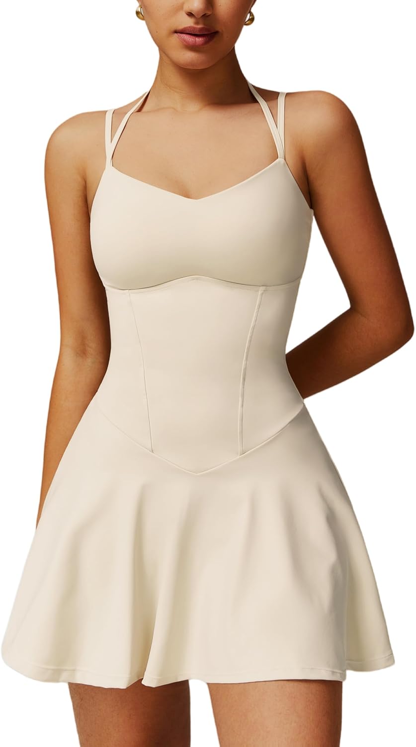 Tennis Dress for Women with Built in Shorts Spaghetti Straps 2-in-1 Ruffle A-line Active Yoga Golf Dress