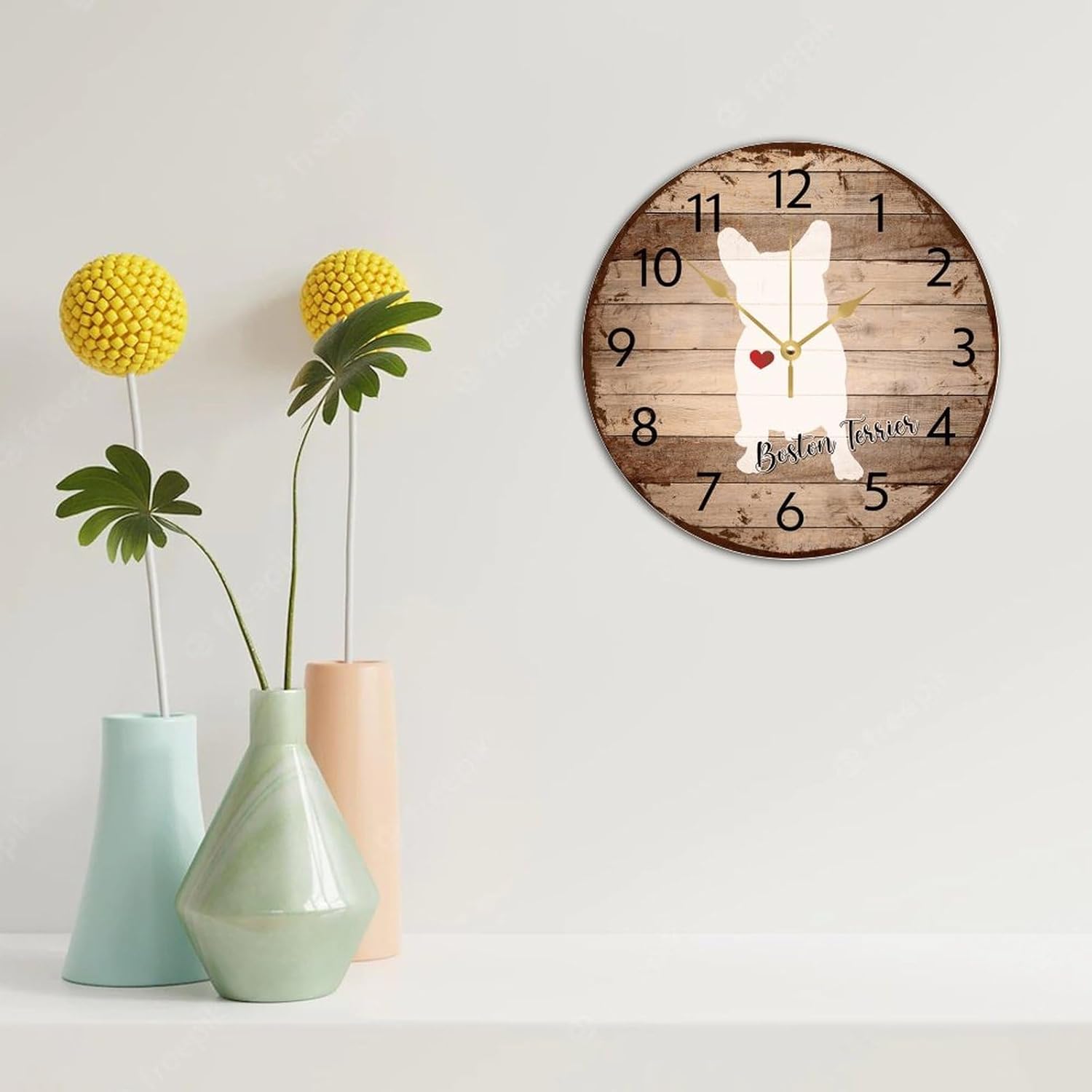 Wooden Wall Clock Analog Round Non-Ticking Boston Terrier Rustic Wall Clocks Funny Pet Lovers Gift Wall Decor for Family Room Living Room Auto Shop 12 Inch
