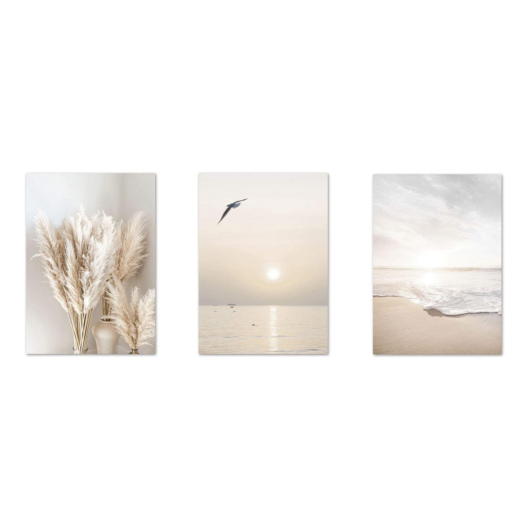CTRLZS 3Pcs Beige Grass Sunset Beach Palm Tree Canvas Painting Nordic Posters and Prints Wall Pictures for Living Room Decor