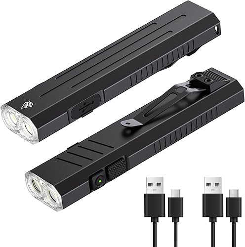 Paquete de 2 linternas EDC recargables  Modo estroboscópico de emergencia con un clic, 1600 lúmenes altos de luz de bolsillo portátil, mini