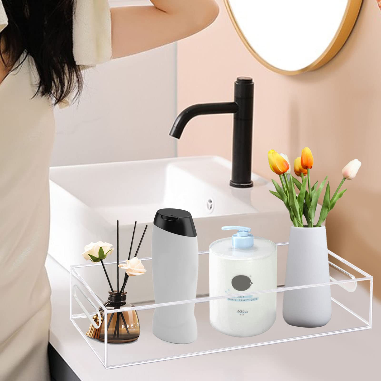 Tasybox Porta carta igienica con contenitore, vassoio in acrilico per WC, vassoi da bagno trasparenti con manici, vassoio per la decorazione domestica