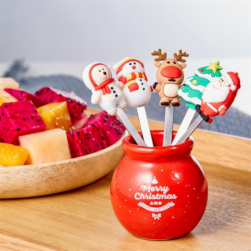 Christmas Fruit Forks Set - 5 Santa Claus Stainless Steel Dessert Picks With Ceramic Jar