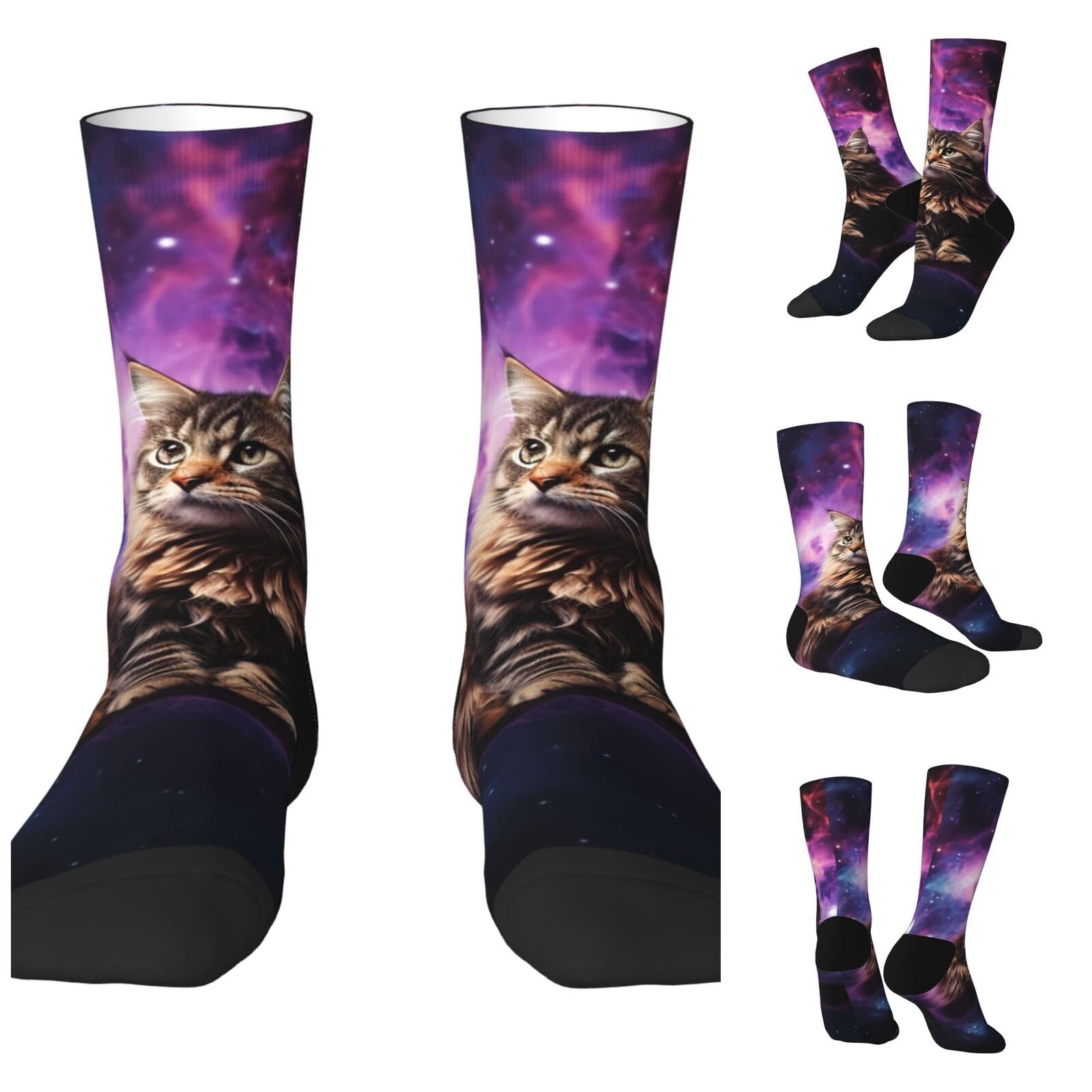 LZQPOEAS Cat sitting inside nebula Athletic Socks Unisex Cushioned Crew Socks Hiking Running Calf Sock Soft Above Ankle Sock