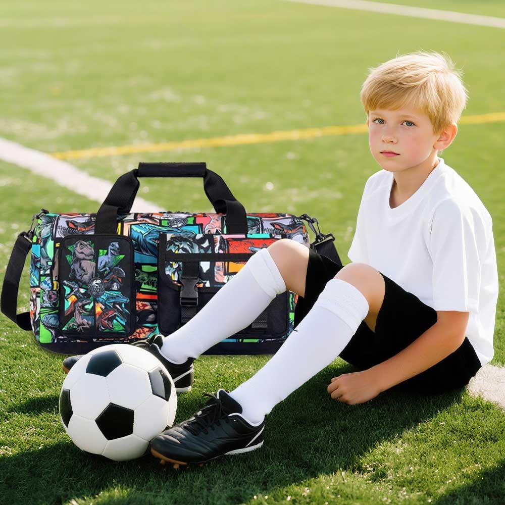 WZLVO Duffle Bag for Boys with Shoe Compartment - Dinosaur Print Sports Bag for Kids, Lightweight Travel Gym Overnight Weekender Bag (18x9x10 Inches)