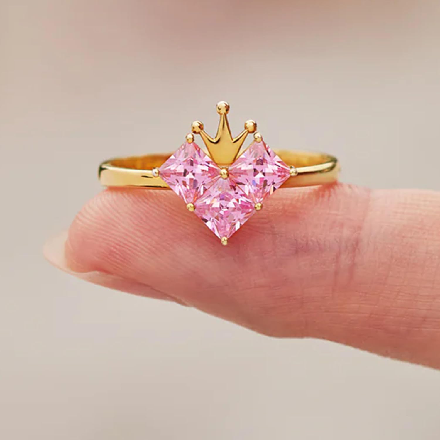 Princess Heart Crown Ring for Women Mother 925 Sterling Silver Pink CZ LOVE From Mom Ring for Her 14K Gold Plated Dainty Crystal Queen Crown Rings Wedding Birthday Mother's Day Jewelry