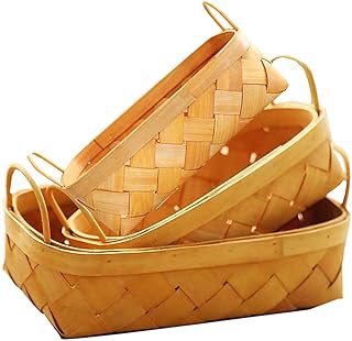 3PCS Panier de Rangement Tissé ,Biluer Panier de Rangement Carré en Rotin Plateau de Rangement en Rotin pour Les Fruits Les Légumes le Pain La Restauration Le Stockage Ou L'affichage