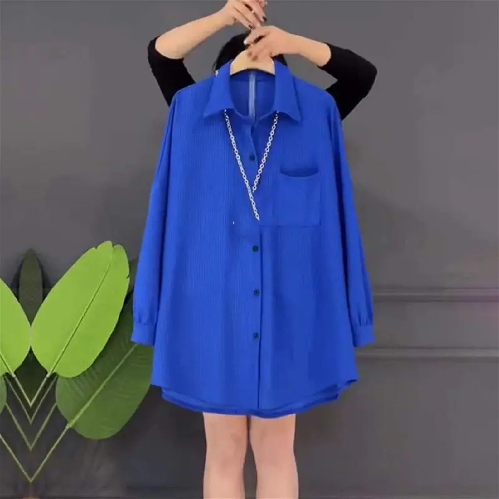 Blusa holgada de color sólido para mujer, con bolsillos, informal, con solapa de un solo botonadura