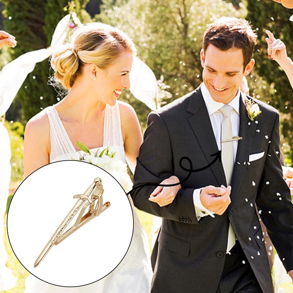 WEBEEDY 2 clips de corbata dorados con espada para hombre, accesorios de corbata para camisa, novio de boda, negocios, regalo único para caballeros, 6 cm de longitud, 6cm, Metal, No es una piedra