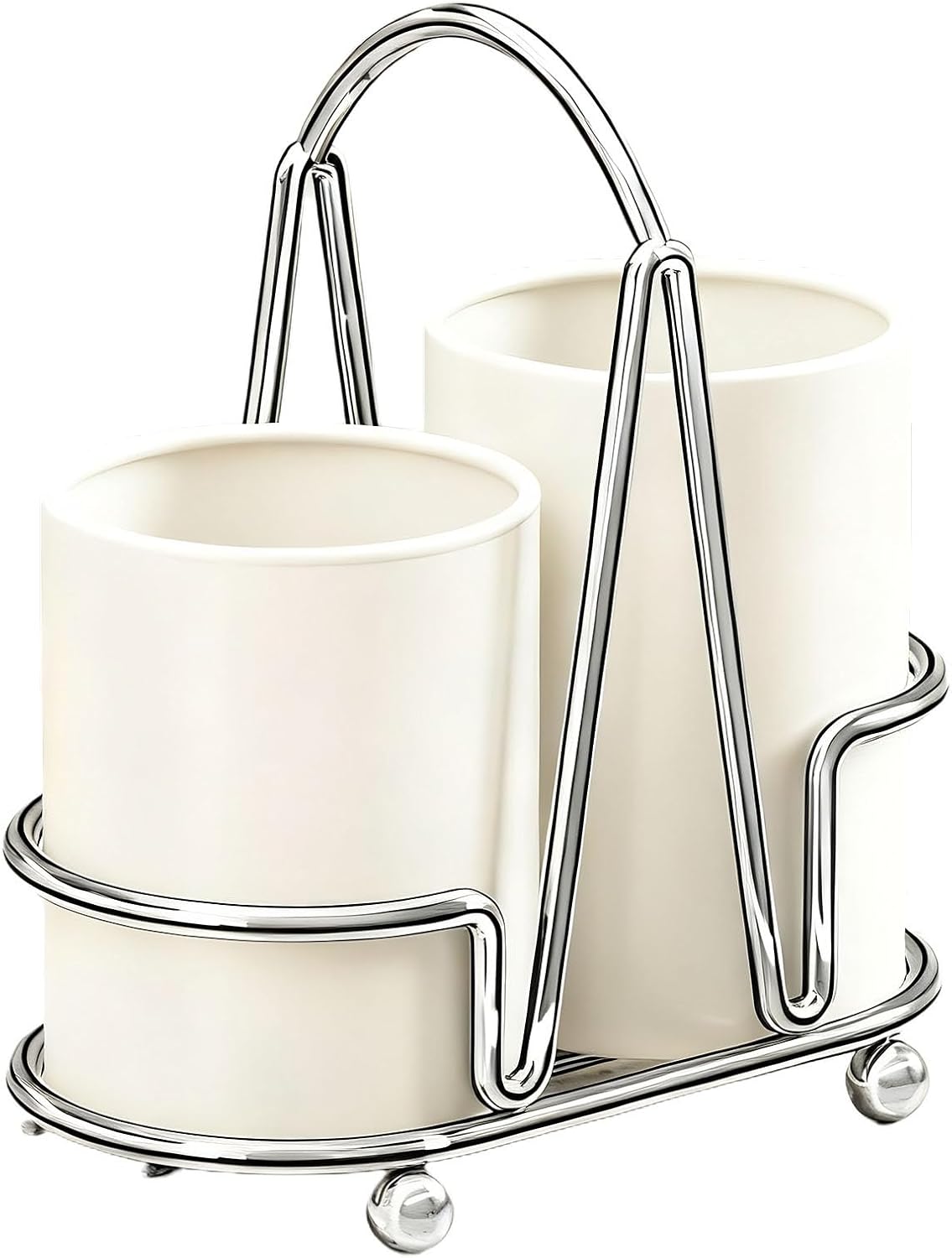 Utensil Holder For Kitchen Counter With Dual Compartments, Stainless Steel Frame, 7.9 X 4.3 X 8.1 In, Beige White Silverware Holder Drainer Rack