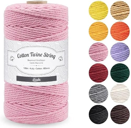 ilauke Pink 3mm x 100m Macrame Cotton Cord DIY Craft Cord Cotton Rope for Wall Hanging, Plant Hangers, Crafts, Knitting, Decorative Projects
