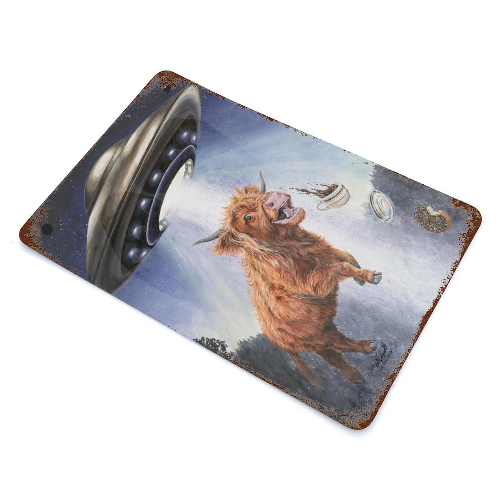 Vintage Rust Metal Sign with Alien Abduction of Highland Cow with Coffee Design 11.8"x7.9", for Shed, Workshop And Garage Wall Decor, Classic Wall Plaque