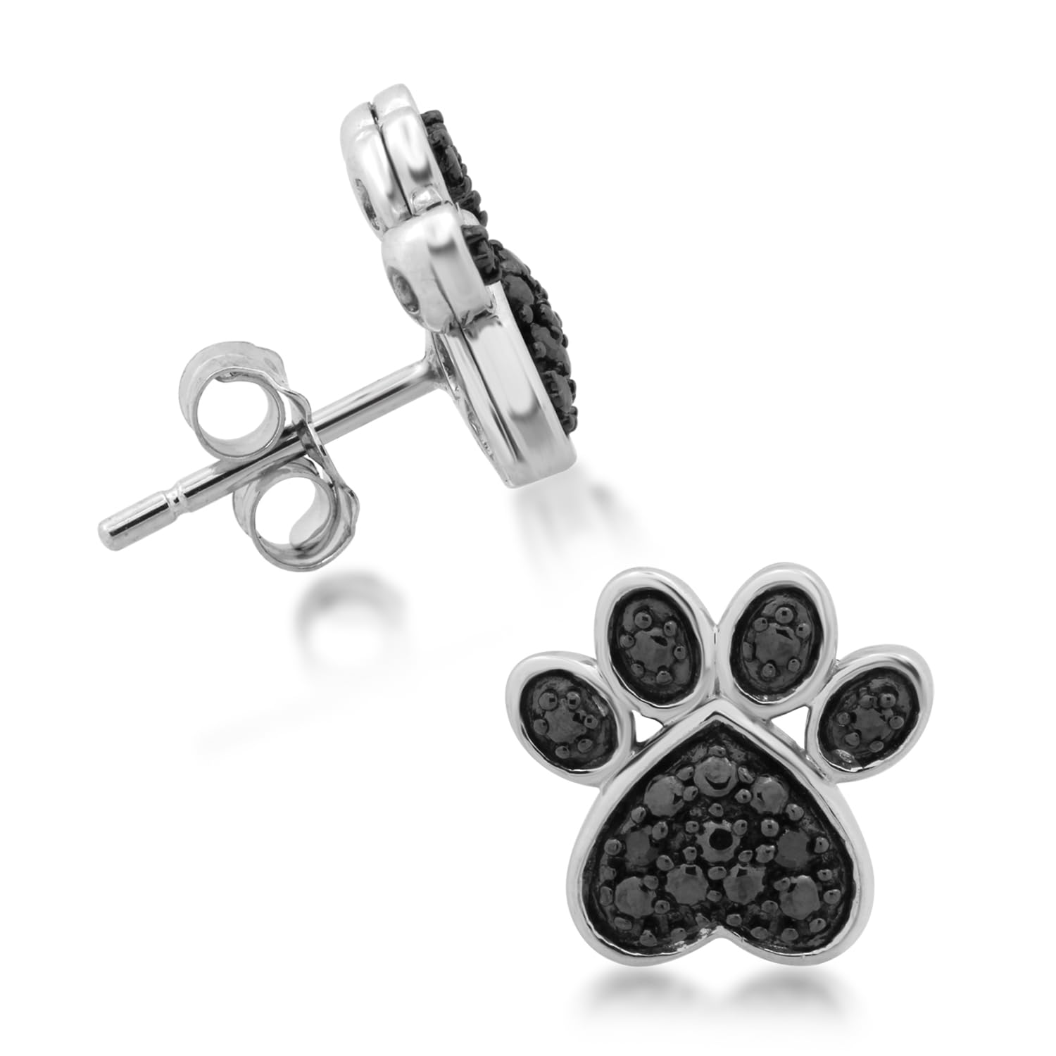Jewelili Sterling Silver Paw Stud Earrings | Natural Black Round Diamonds | Cute Pet Lover Jewelry | Animal Stud Earrings | Timeless Fashion Jewelry Gift for Her