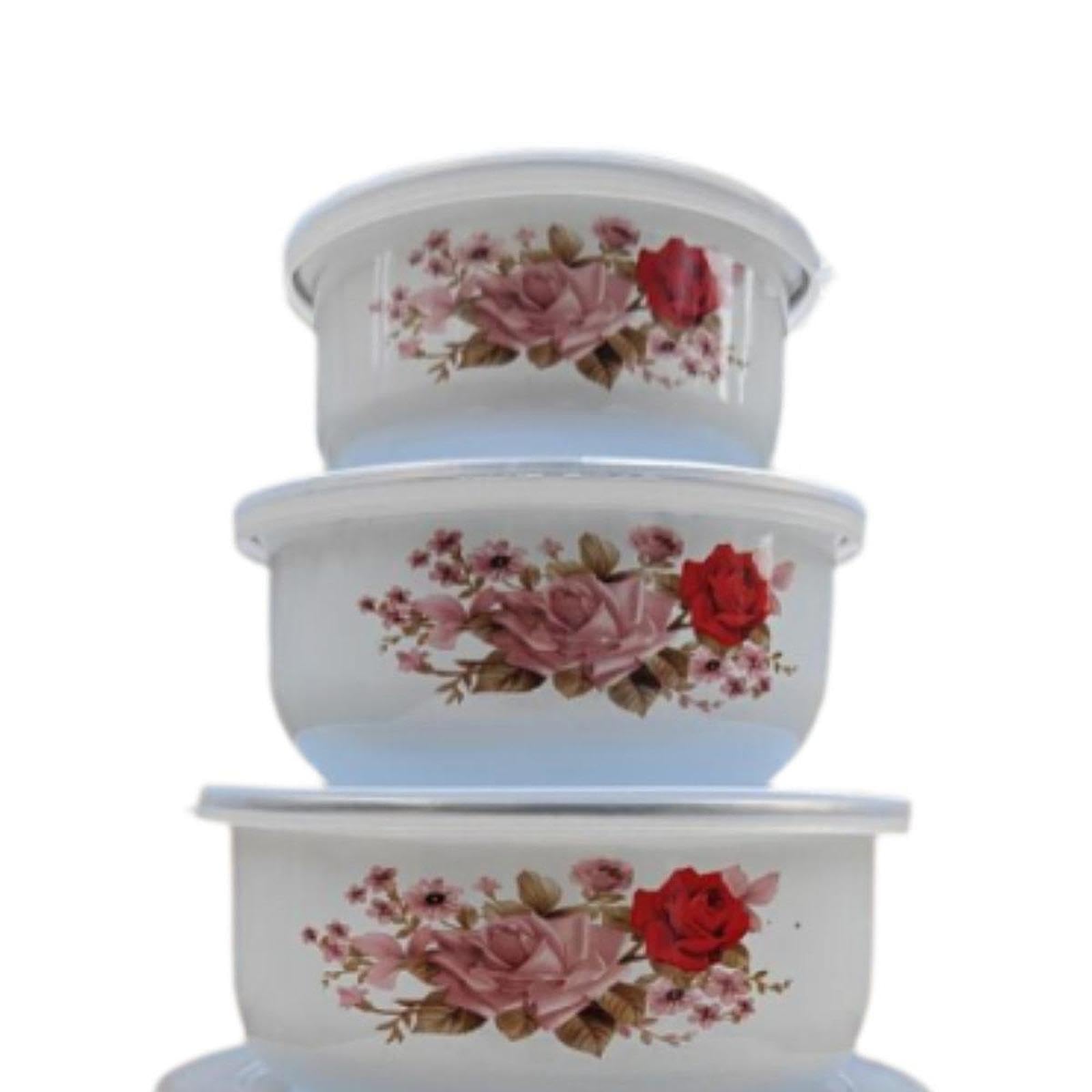 Set di 5 Ciotole Smaltate con Coperchio per La Preparazione E La Conservazione degli Alimenti, Style a