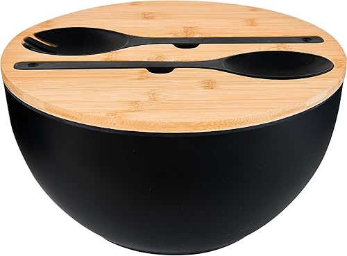 GEHE Ensaladera de 12 pulgadas, cuenco de ensalada de fibra de bambú con tapa, cuencos de mezcla extra grandes de 7.7 cuartos de galón con Negro