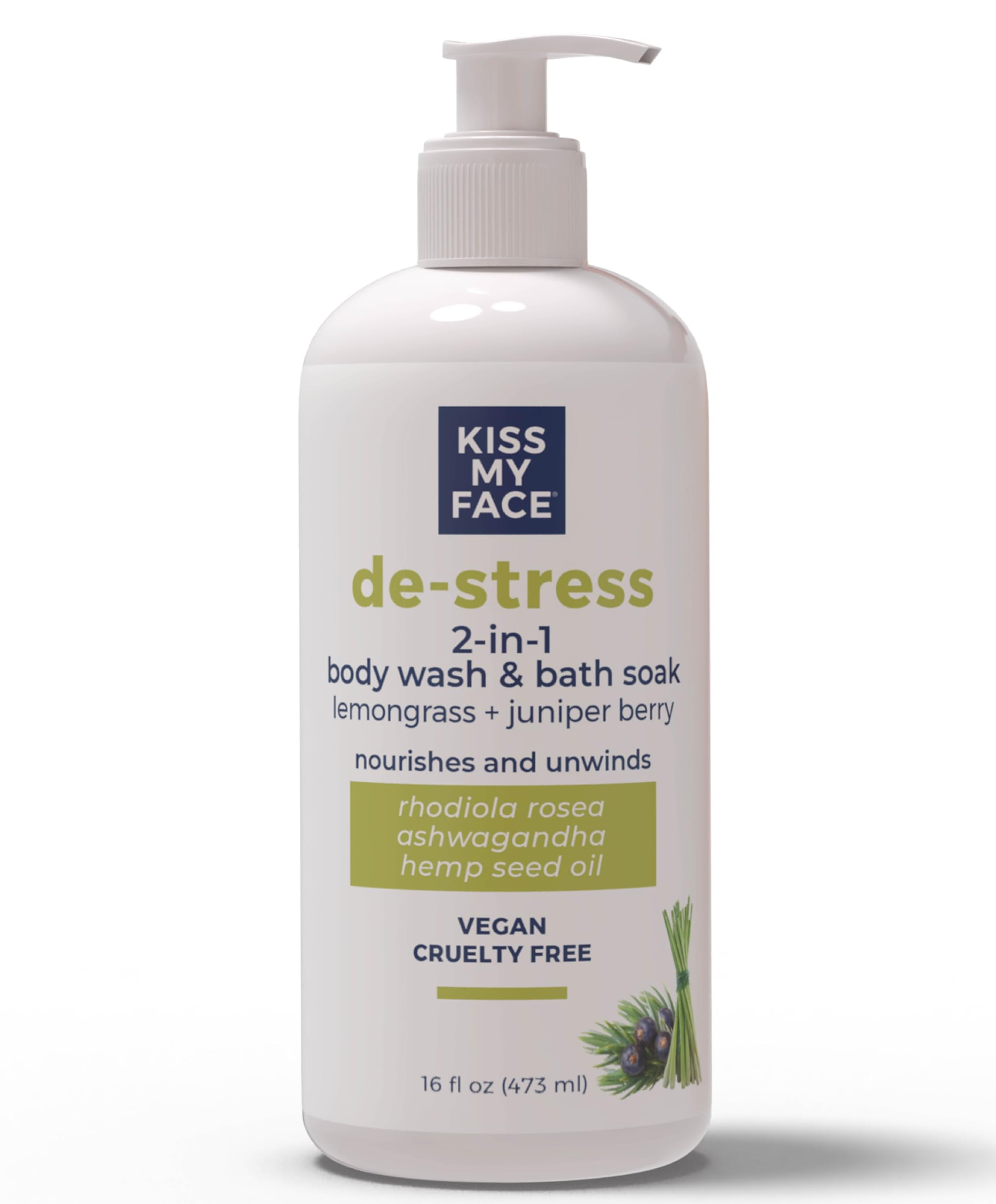 Kiss My Face De-Stress 2-in-1 Body Wash & Bath Soak - Lemongrass + Juniper Berry - Botanical Blend - Vegan and Cruelty Free - With added Rhodiola Rosea, Hemp Seed Oil and Ashwagandha - 16 fl oz Bottle