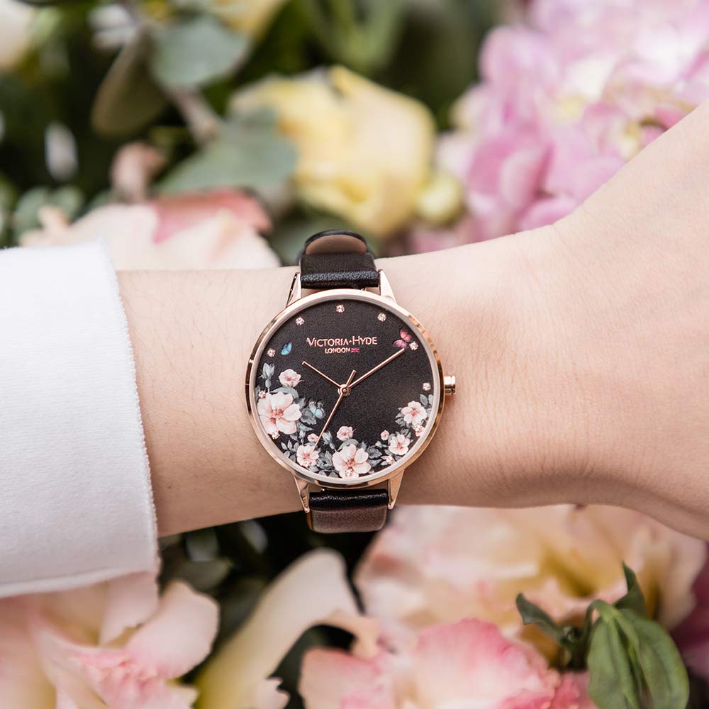 VICTORIA HYDE Floral Mujeres Reloj de Pulsera de Cuarzo Banda de Malla de Acero Inoxidable/Correa de Cuero