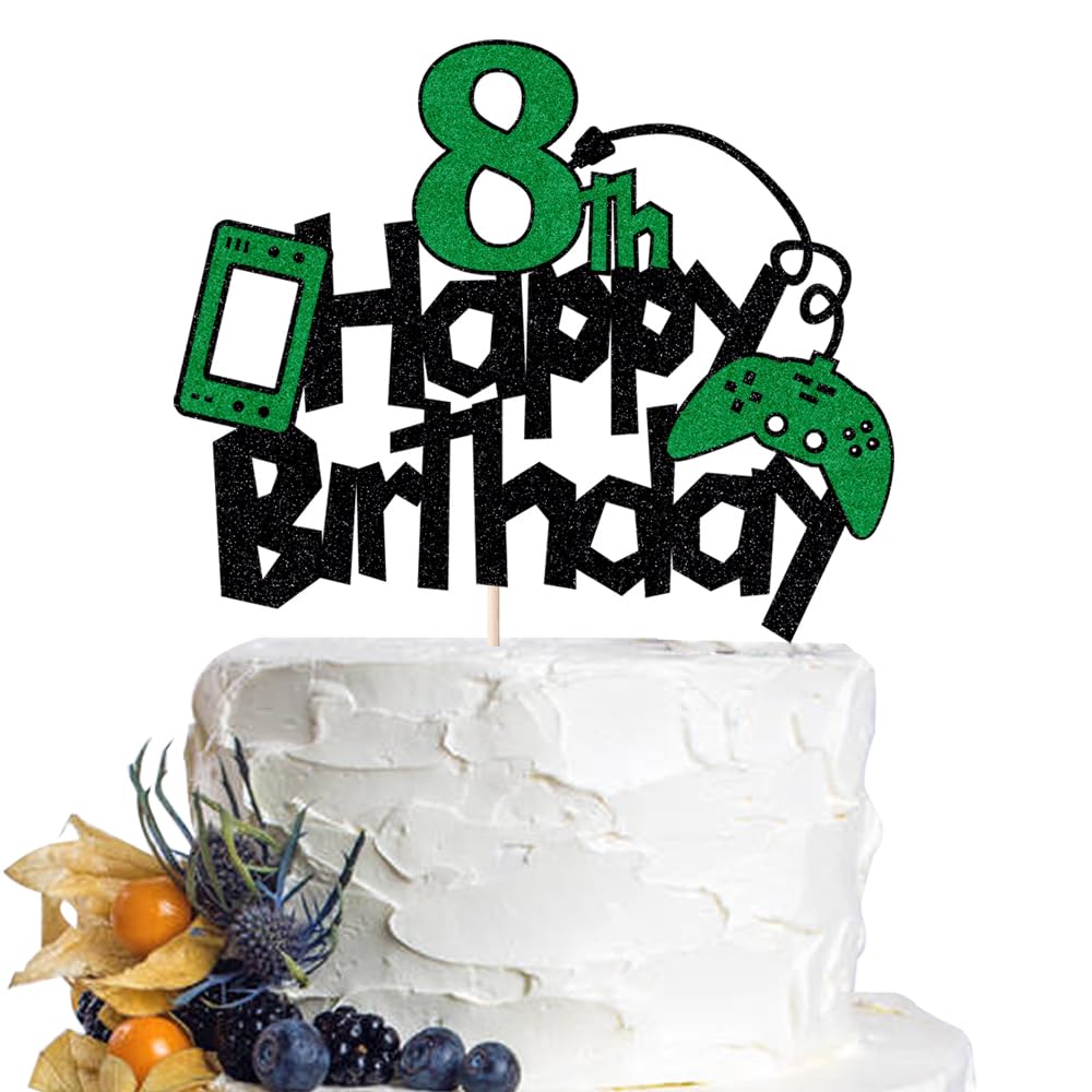 Photo 1 of Video Game Happy 8th Birthday Cake Topper-Glitter Game Controller Happy Birthday Cake Topper Cake Decorations-Gaming Themed Birthday Party Supplies (8)