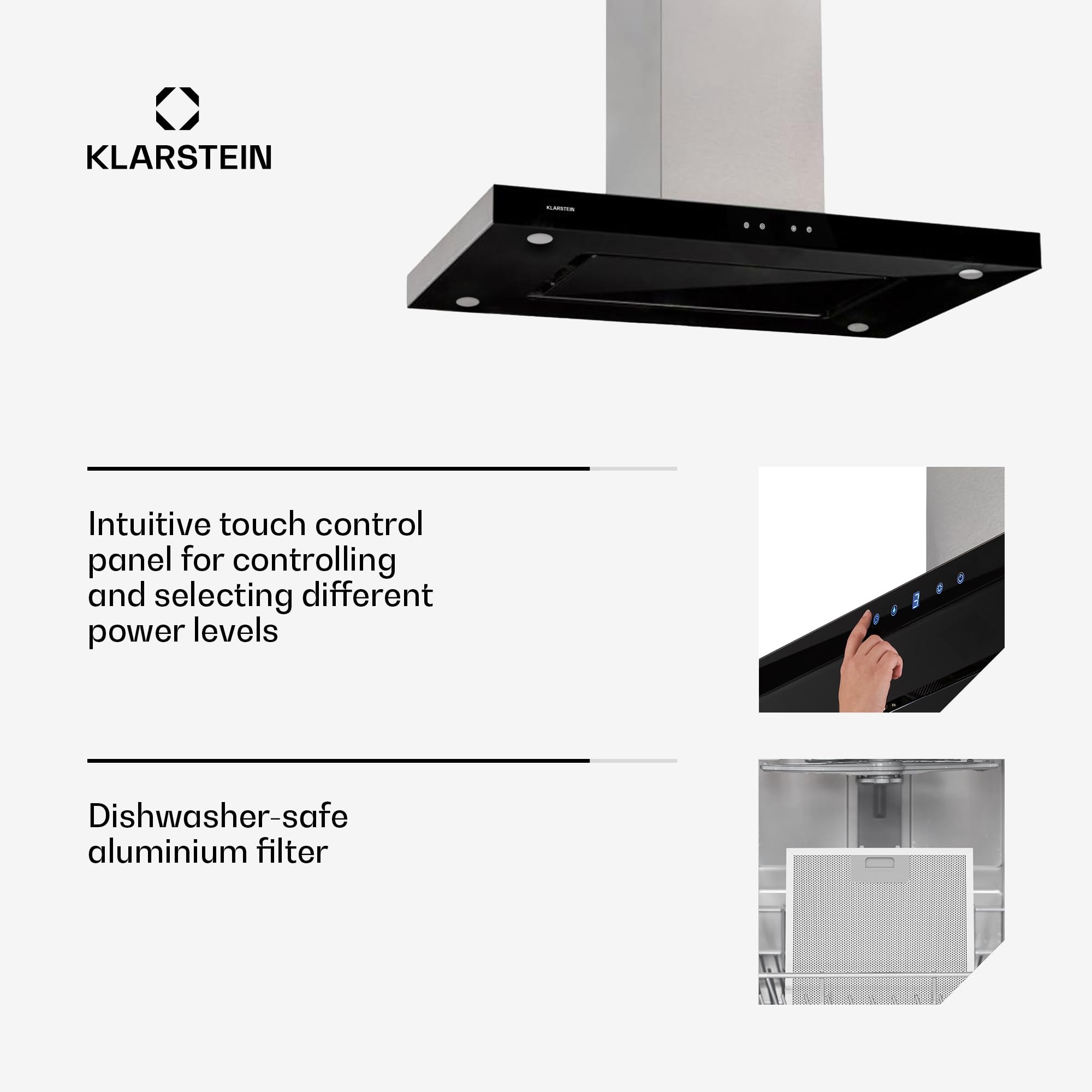 klarstein Valeria Wyspowy okap kuchenny 90 cm wydajność wyciągu powietrza 650 m³/h panel dotykowy oświetlenie LED szkło stal szlachetna