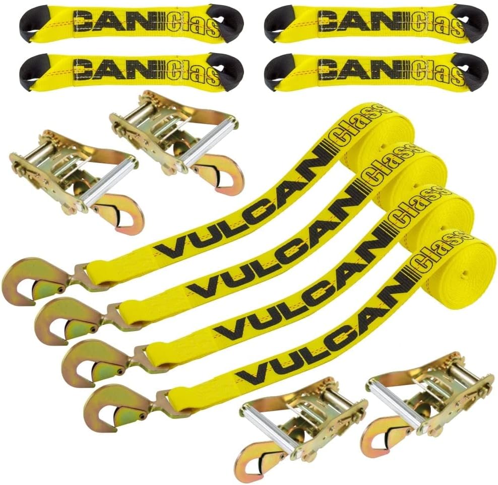 VULCAN8-Point Roll Back Vehicle Tie Down Kit with Snap Hooks on Both Ends - Set of 4 - Classic Yellow