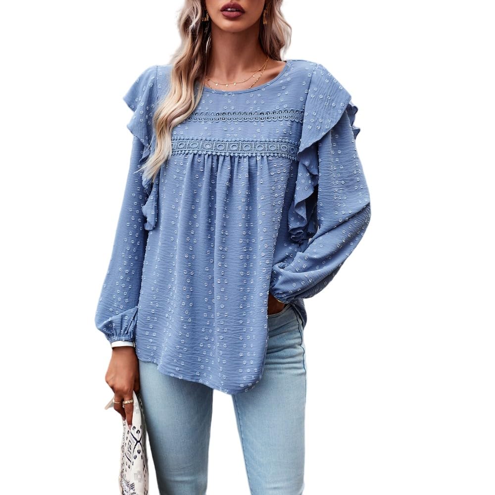 Blouse Femme Chic Et Élégant,Chemisier pour Femme Chemises À Manches Longues Bleu Solide Col Rond Bordure en Dentelle À Pois Volants Chemise Pull Plissée Élégante Chemise Décontractée Ample
