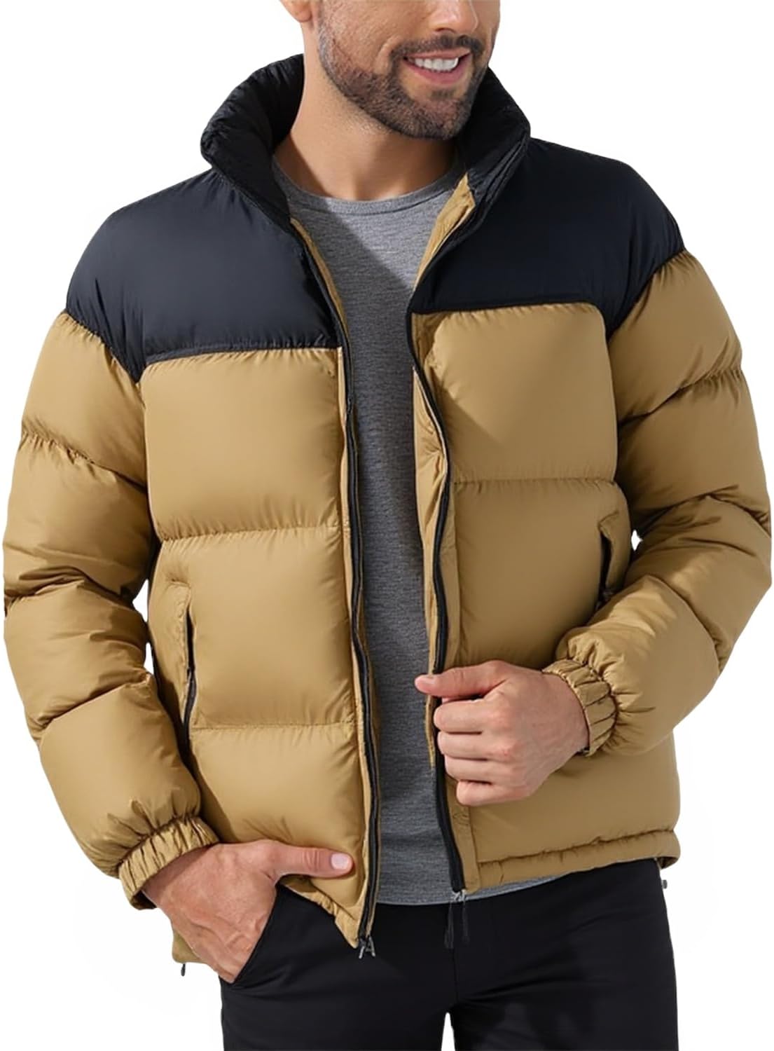 Men's Puffer Jacket Thickened Winter Coat Warm Stand Collar Color Block Zip Up Jacket Ski Bubble Coat - Image 8