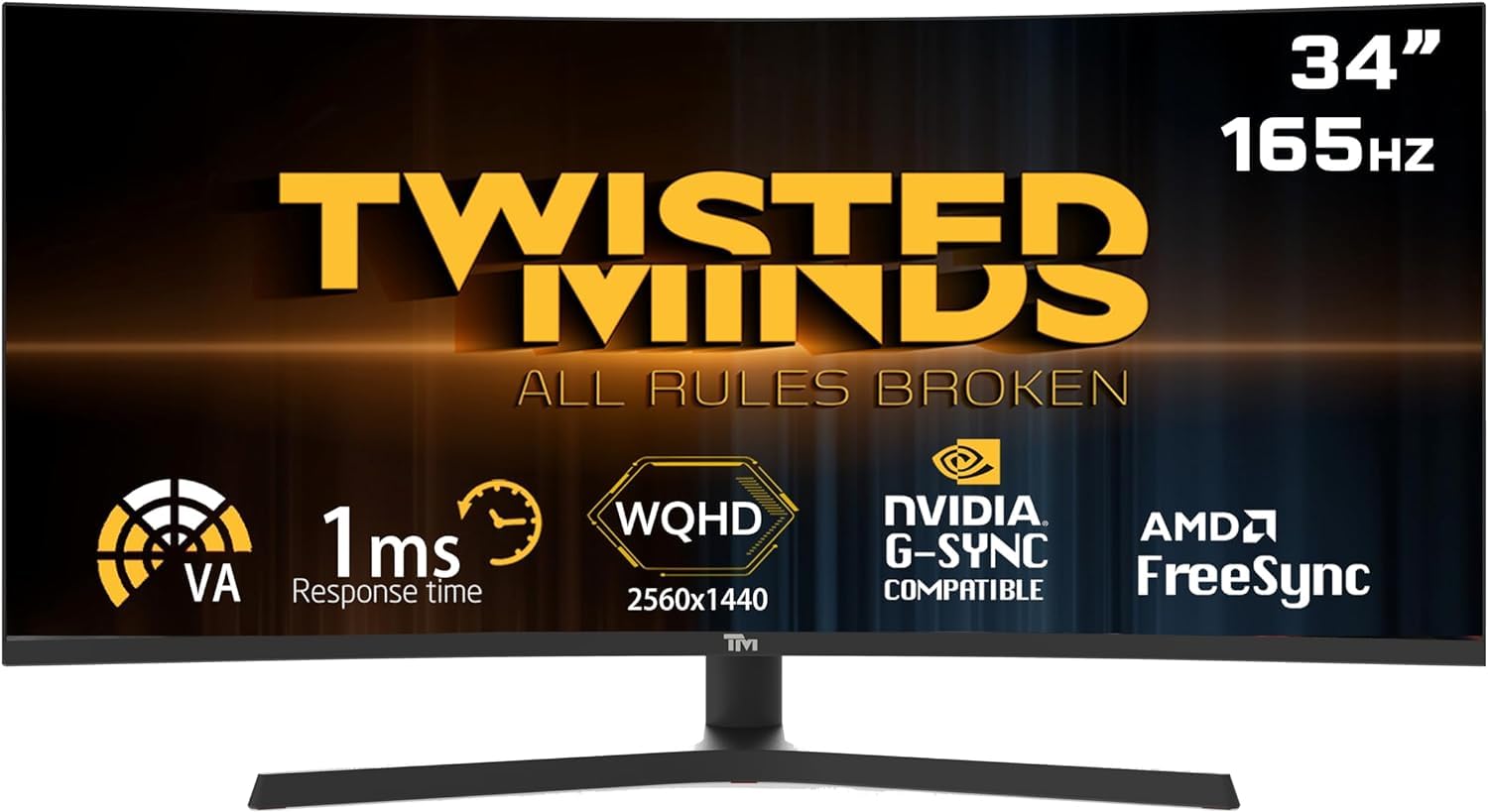 Twisted Minds Monitor da Gioco Fast IPS Display 34'' - Risoluzione 2560 x 1440 QHD, Frequenza Aggiornamento 165 Hz, Rapporto d'Aspetto 21:9, Tempo di Risposta 1ms - Nero (TM34RWA)
