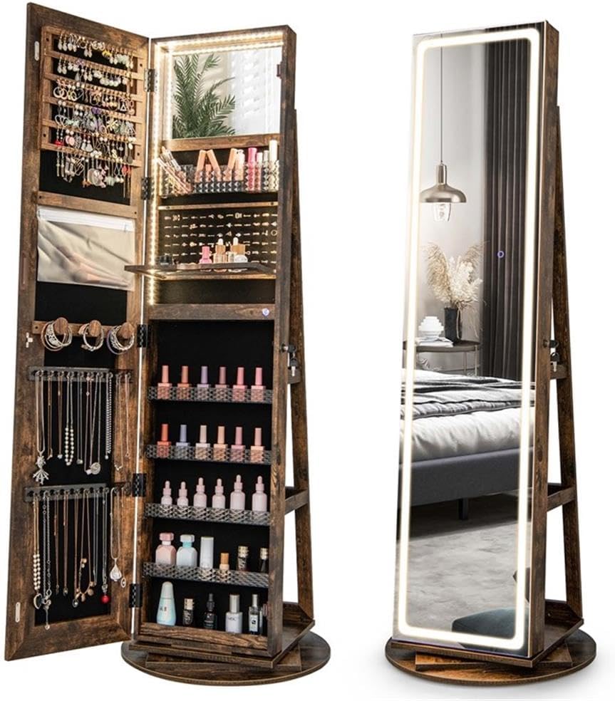Pemberly Row Swivel Jewelry Cabinet Organizer, Full-Length LED Mirror, Coffee Finish, Lockable, 108 Earring Slots, Necklace Hooks, Ring Slots, Shelves, 360° Rotating Base for Bedroom Storage