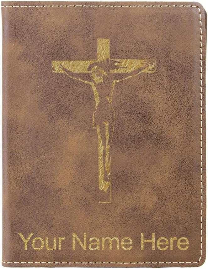 LaserGram Faux Leather Passport Holder, Jesus on the Cross, Personalized Engraving Included (Bamboo)