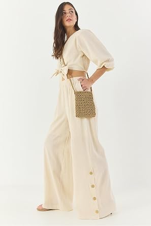 Shade Kad n Ba lama Detayl  Bluz Astarl  Pa as  D meli Pantolonlu Keten Alt- st Tak m 9266 60281046, Bej, 36