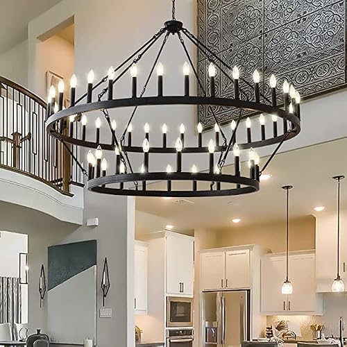 Jklx 60 Inch Large Black Wagon Wheel Chandelier,2 Tier 54-Lights Farmhouse Industrial Country Style Round Pendant Light Fixture For Dining Room Kitchen Island Foyer Entryway #TOP1