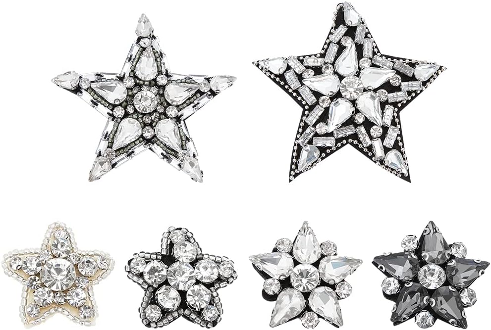 WEBEEDY 6 Styles Handmade Crystal Rhinestone Star Applique Patches Vintage Star Patches Crystal Applique Sew On Beaded Badge Pearl Patch for Bag Hat Shirt Clothing DIY Project Christmas Unique Gift