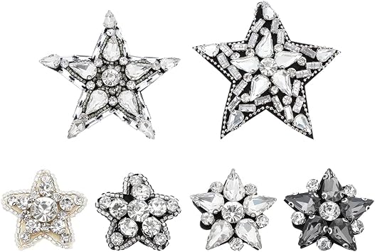 WEBEEDY 6 Styles Handmade Crystal Rhinestone Star Applique Patches Vintage Star Patches Crystal Applique Sew On Beaded Badge Pearl Patch for Bag Hat Shirt Clothing DIY Project Christmas Unique Gift