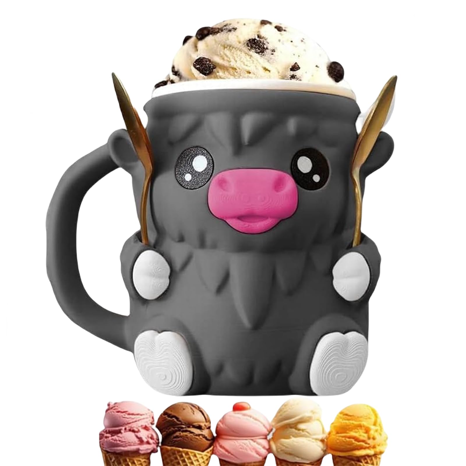 Cow Ice Cream Pint Holder with Handle & Spoon, Cute Cow Ice Cream Pint Sleeve Cooler Cover 17 cm Pint Holder Insulated Leak‑Proof Gift for Cow Lovers (Black)