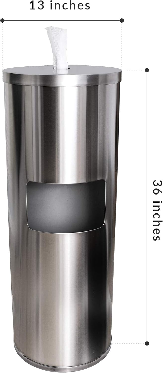 Stainless Steel Floor Stand Wipe Dispenser with Built-in Trash Can: Fits Sanitizing and Disinfecting Wipe Refill Rolls - Perfect for Gyms, Schools, Offices, Commercial Facilities thumbnail