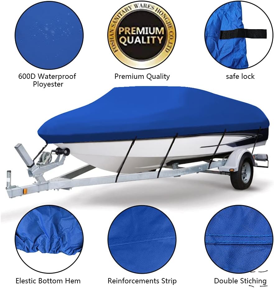 VINGLI Boat Cover Heavy Duty 600D Polyester Waterproof UV Resistant Marine Grade, Durable and Tear Proof, Fits 14-16 feet V-Hull, Tri-Hull Fishing Ski Pro-Style Bass Boats，Pacific Blue