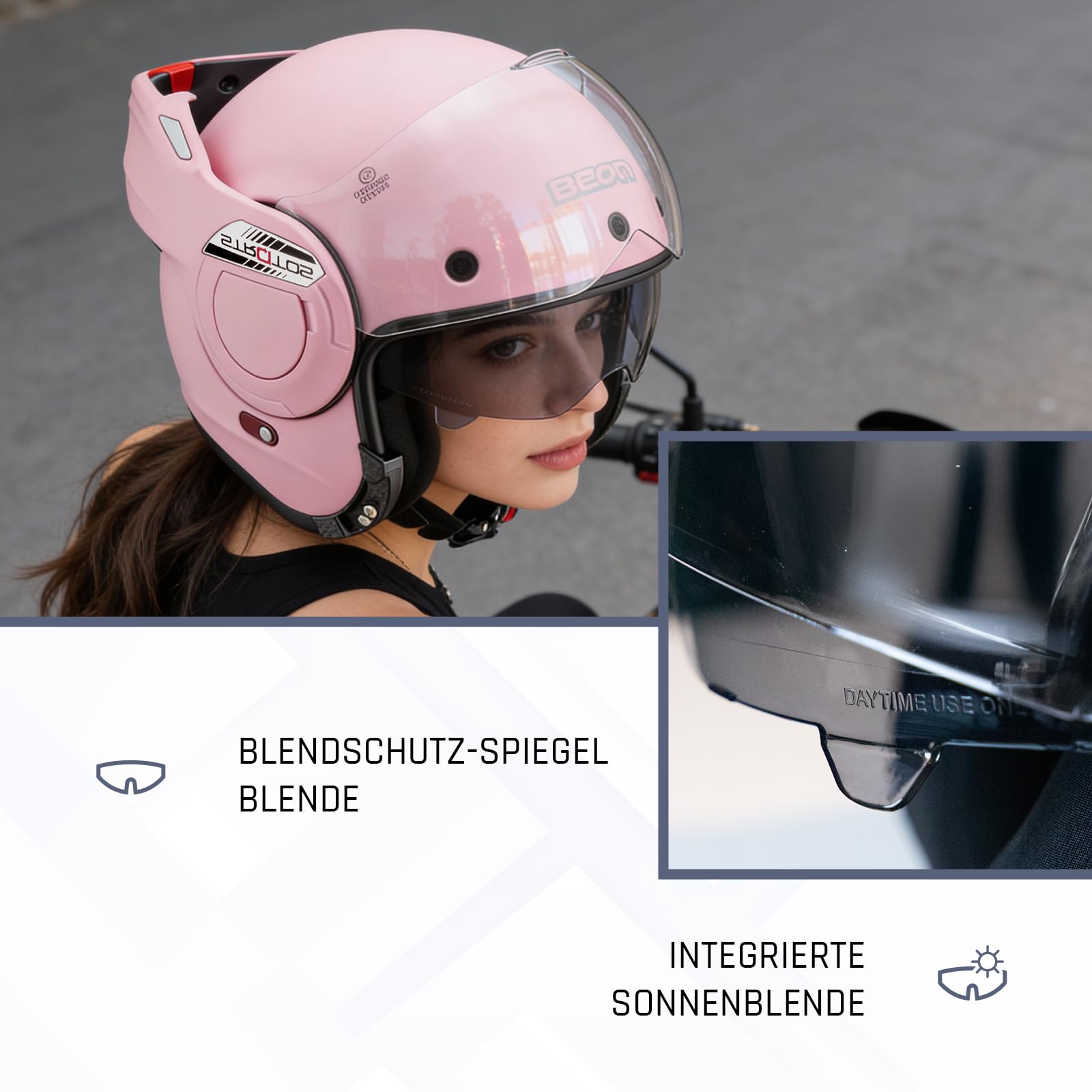 BEON Stratos Motorradhelm - Systemhelm Klapphelme mit Visier und Sonnenblende - Rollerhelm Sonnenblende - Motorrad Helm Damen & Herren - Integralhelm 180° Klappbar - Anti-Kratz-Visier - S