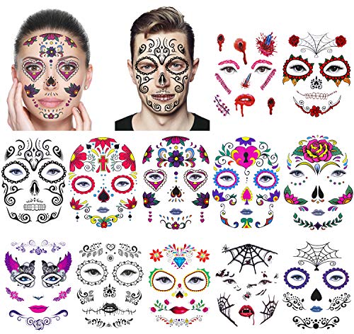 12 Pack Day of the Dead Sugar Skull Temporary Face Tattoo Halloween Makeup Tattoo for Men and Women