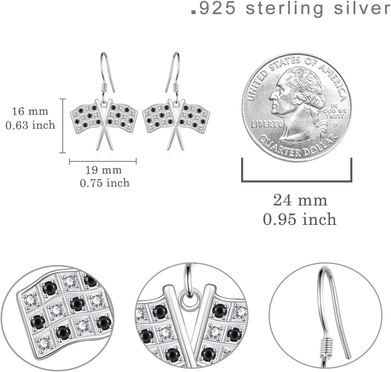 Racing Flag Earrings 925 Sterling Silver Black and White Checkered Flag Dangle Earrings for Racers and Racing Fans