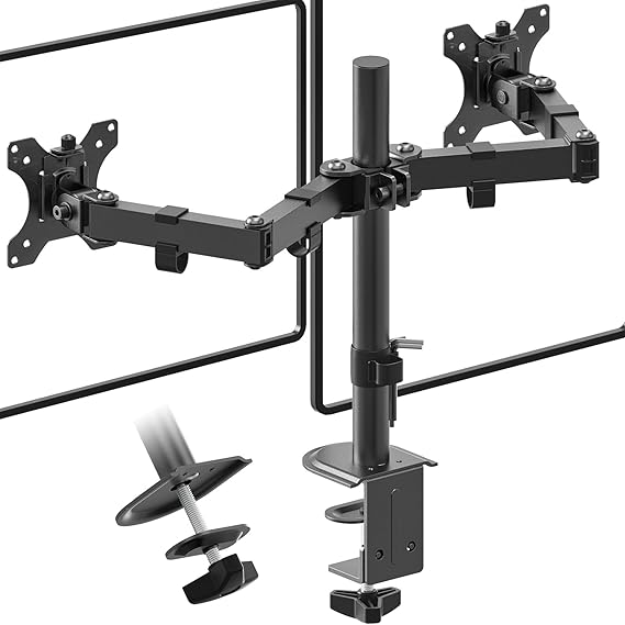 PUTORSEN Supporto per doppio monitor per schermi da 13-32", regolabile in altezza, braccio per doppio monitor inclinabile a 90°, girevole a 180°, rotazione di 360°, VESA: 75 x 75-100 x 100 mm, nero