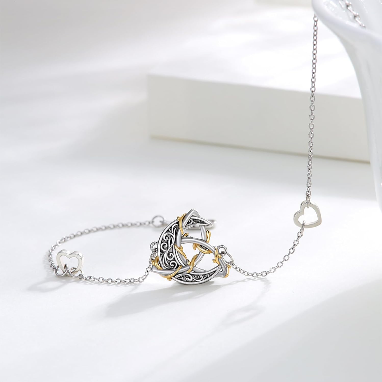 Celtic Moon Bracelet for Women 925 Sterling Silver Celtic Knot Crescent Irish Bracelets Celtic Jewelry Gift for Mother's Day Birthday Valentine’s Day Anniversary for Mom Wife Girlfriend Women Her Men (Vine Celtic Moon Bracelet)