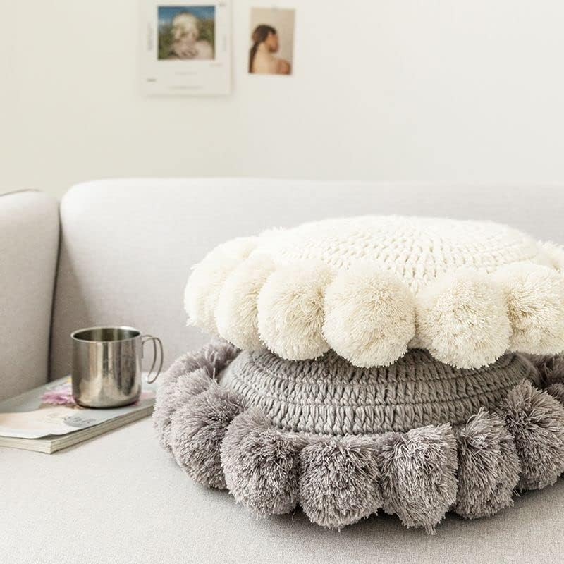 Knitted Throw Pillow Round Couch Pillow Sofa Cute Cushion Handmade Pompoms Decorative Plush Pillow (Beige, Diameter 18inches) - Image 7