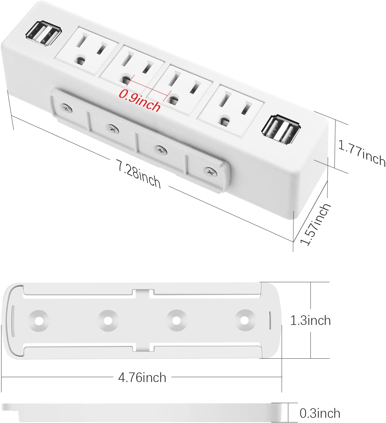 White 15FT Cord Under Desk Power Strip, Adhesive Wall Mount Power Strip with USB,Desktop Power Outlets, Removable Mount Multi-Outlets with 4 USB Ports, 4 AC Plugs for Home Office Reading