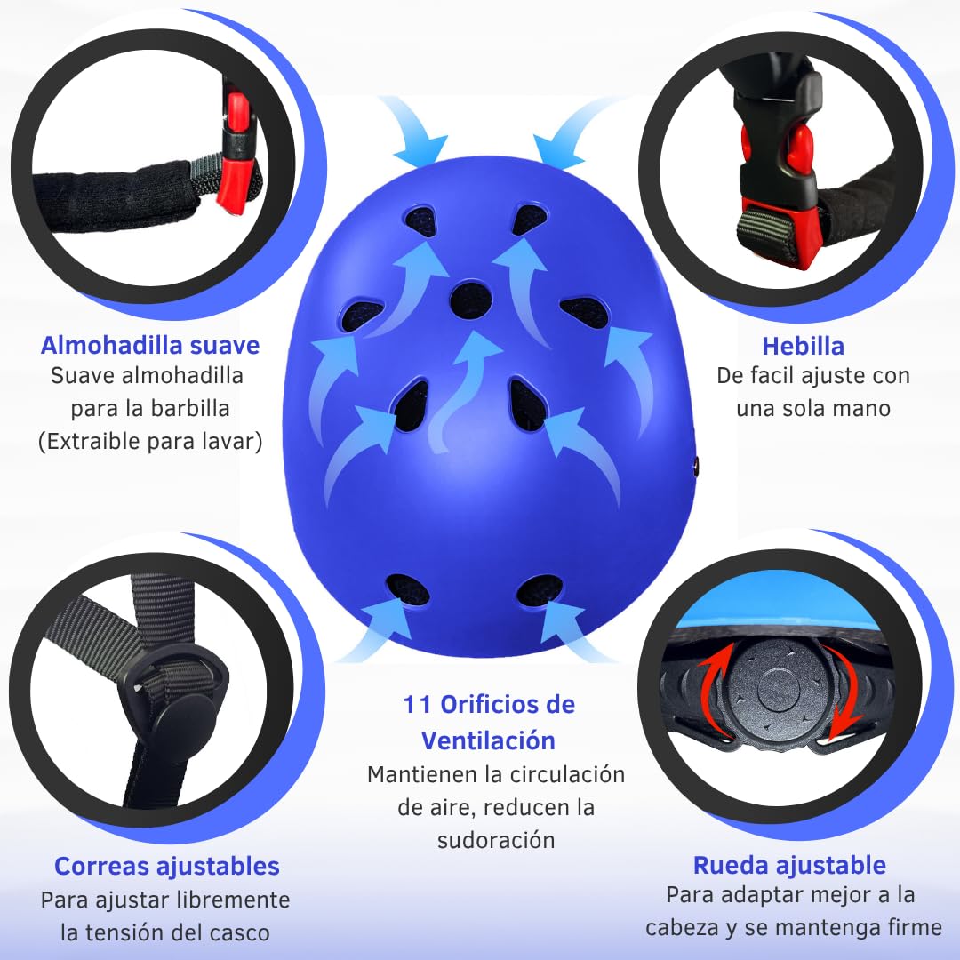 Casco y Protecciones Niño y Niña - Casco + 2 Rodilleras + 2 Muñequeras + 2 Coderas - Bicicleta/Patin/Patines/Skate - Ajustable 50-54cm. Infantil Niños 4-10 Años - Capacete Bicicleta Criança