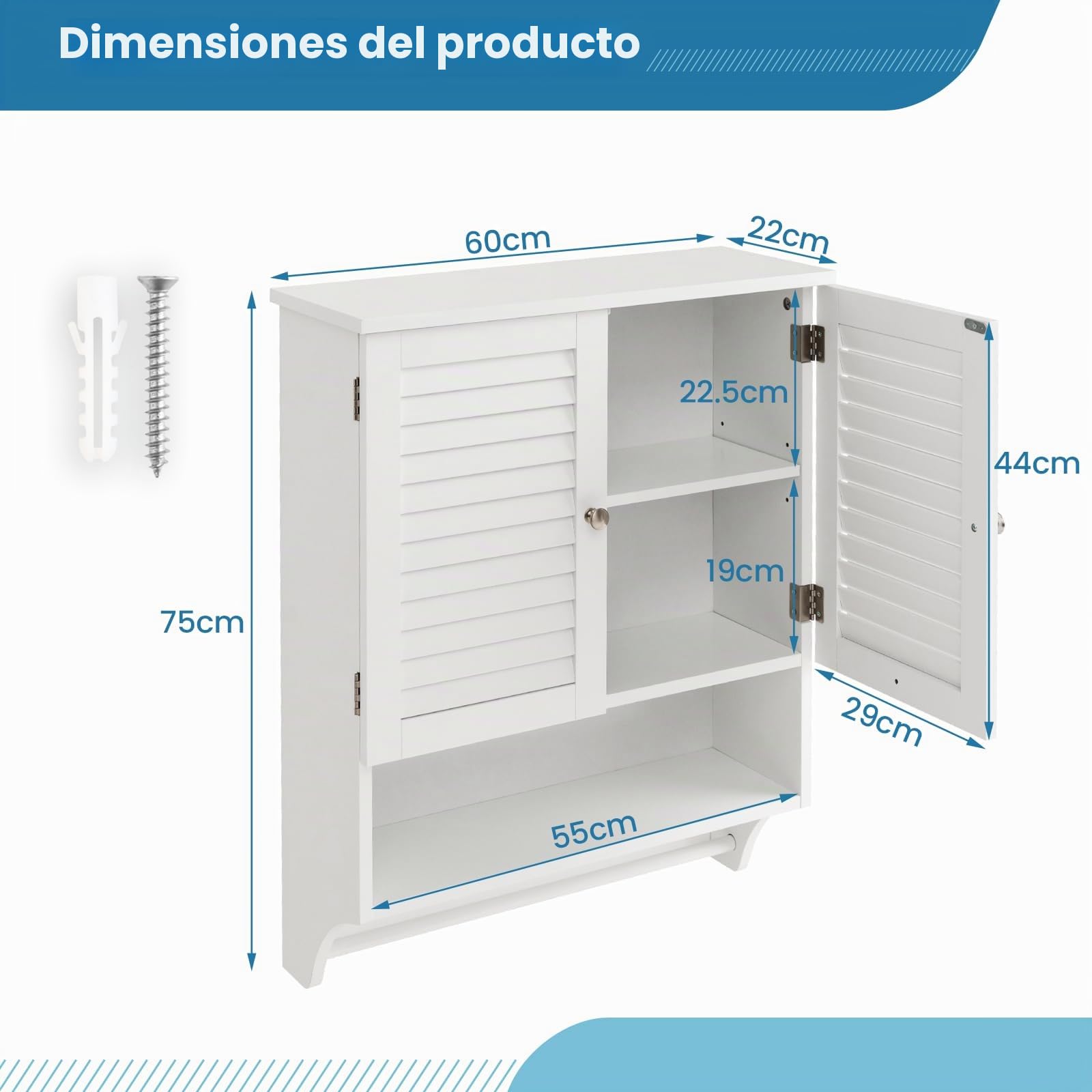 LIFEZEAL Armario de Baño de Pared con Toallero (Blanco) | Mueble de Almacenamiento de Baño de 2 Puertas y 3 Estantes, Madera, Ahorra Espacio, Ajustable, Max 30kg, 60x22x75 cm
