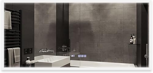 Miniatura 3 de Espejo de baño con retroiluminación LED de 60 x 28 pulgadas, espejo de pared con luz antiniebla con pantalla integrada de tiempotemperatura, función