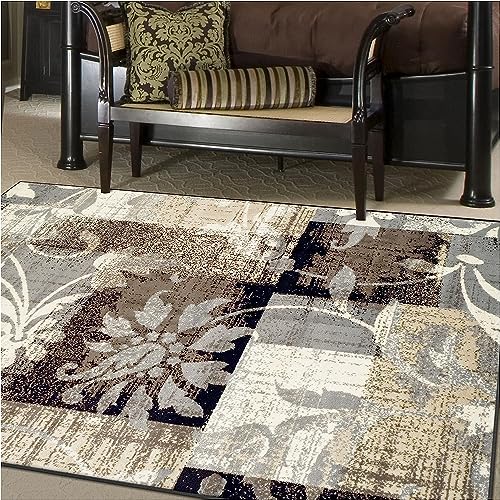 Superior Non-Slip Large Indoor Area Rug, Perfect For Bedroom, Office, Living/Dining Room, Kitchen, Floor, Modern Floral Patchwork Decor, Pastiche Collection, 10' X 14', Beige #TOP8