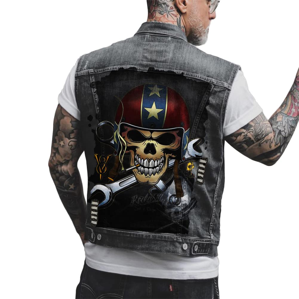 ORANDESIGNE Homme Gilet en Jean Veste Courte Sans Manches en Jean Vintage Délavé Décontractée Manteau Punk Impression de Graffitis Gilet Denim Veste de Moto