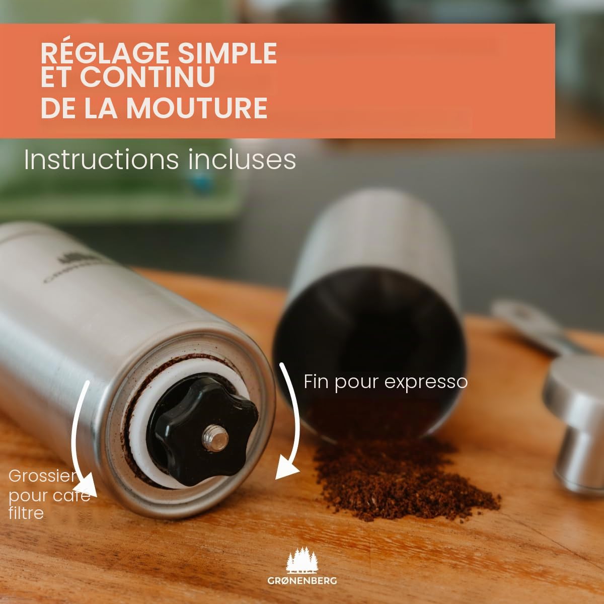 Groenenberg Promo Pack 4 | Cafetiere italienne (acier inox) 4 tasses (200ml) + Moulin à café manuel | Moka induction + filtre réducteur