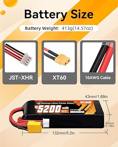 Miniatura 3 de Hilldow 3S 5200mAh Lipo Battery 80C 11.1V RC Battery Soft Case con conector XT60 para vehículos RC Drone RC Car Trucks (2 paquetes)